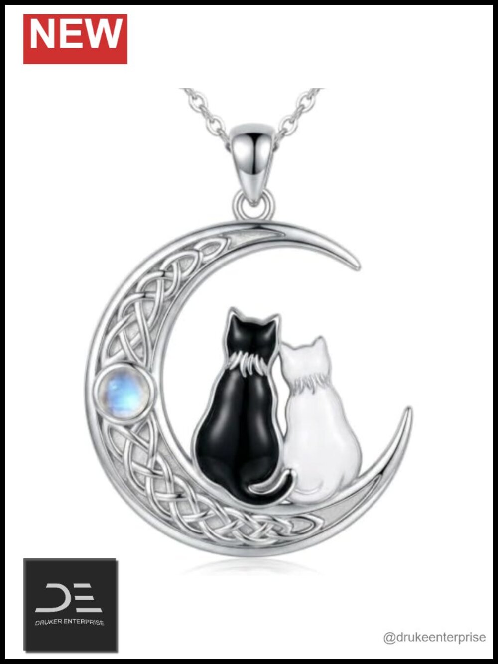 Celtic Cat Pendant Necklace 18K White Gold Plated Moonstone Adjustable Chain